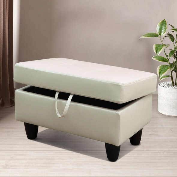 White Faux Leather Rectangular Lift-Top Storage Ottoman with Black Legs