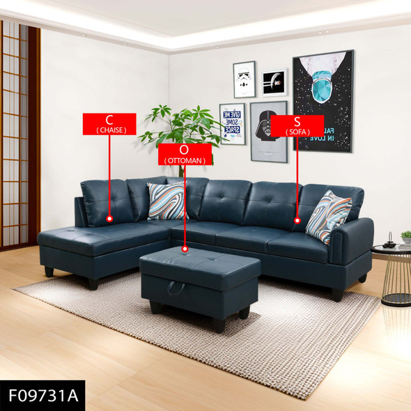 Denim Blue 3-Piece Faux Leather Sectional Sofa with Left-Facing Chaise