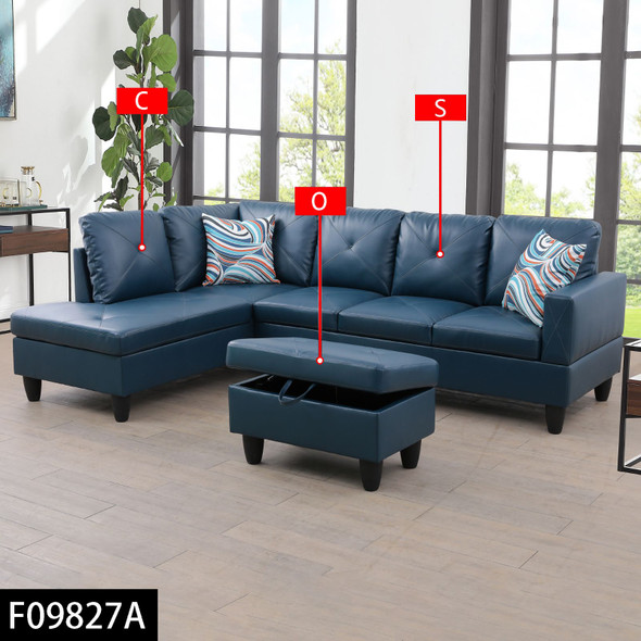 Deep Blue 3-Piece Faux Leather Sectional Sofa with Left-Facing Chaise and Seats