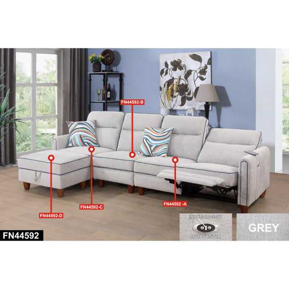 56-Inch Gray 4-Piece Flannel Modular Reclining Sectional with Left-Facing Chaise