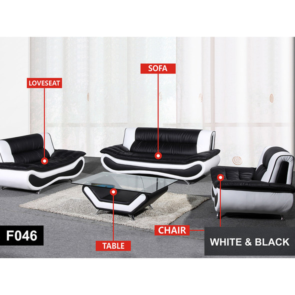 Black and White Recycled Leather Sofa with Accent Chairs Ottomans and Cushioning