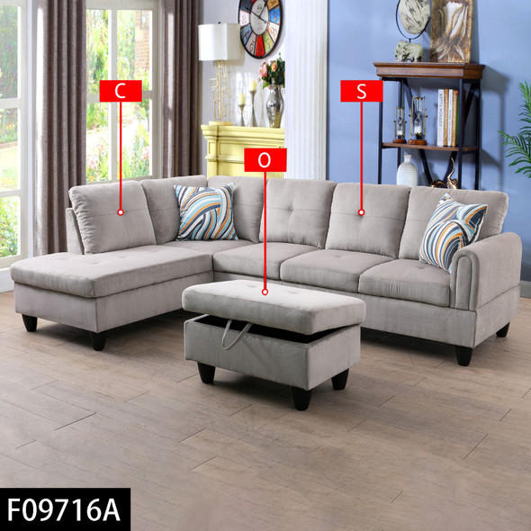 Gray White 3-Piece Corduroy Sectional Sofa with Left-Facing Chaise and Lift-Top