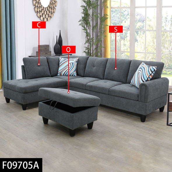 Dark Gray 3-Piece Flannel Sectional Sofa with Left-Facing Chaise and Lift-Top