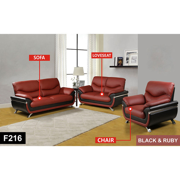 Black and Ruby Recycled Leather Loveseat with Supportive Seat Cushioning