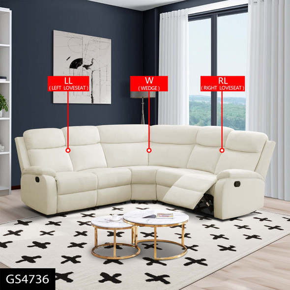 Off-White 3-Piece Fluffy Fabric Manual Reclining Corner Sectional Sofa with Dual