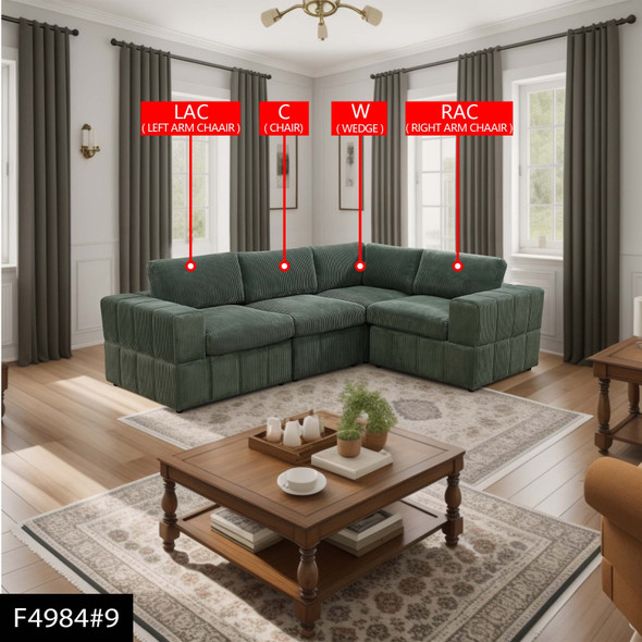 Green 4-Piece Corduroy Modular Corner Sectional Sofa with Wedge Seat and Profile