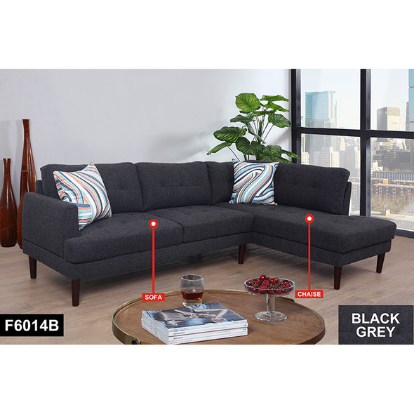Black Gray 2-Piece Linen Sectional Sofa with Right-Facing Chaise and Tufted Seat