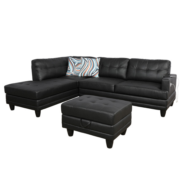 Black Gray Semi-PU Synthetic Leather 3-Piece Sectional with Left-Facing Chaise