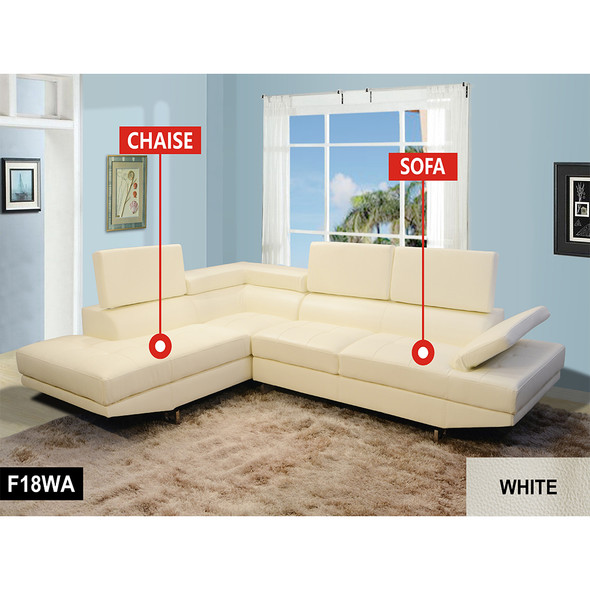 White 2-Piece Recycled Leather Sectional Sofa with Left-Facing Chaise and Finish