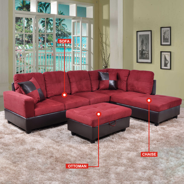 Red 3-Piece Flannel and PVC Sectional Sofa with Right-Facing Chaise and Lift-Top