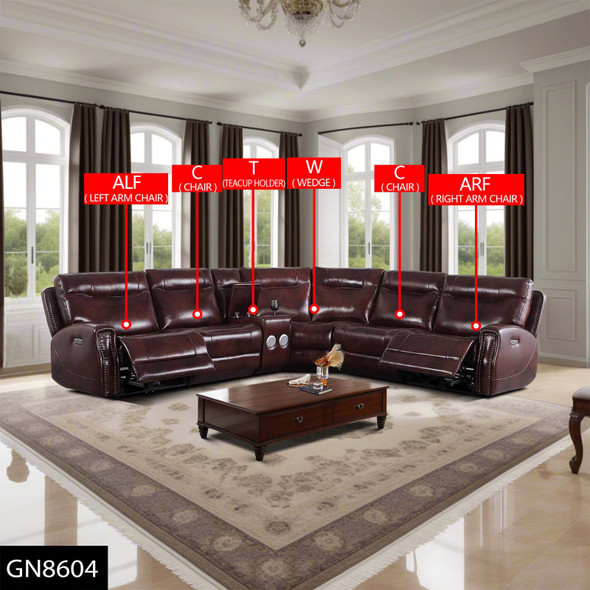 Brown 6-Piece Top-Grain Cowhide Leather Modular Power Reclining Sectional
