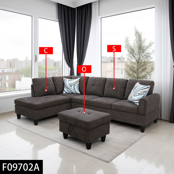 Dark Brown 3-Piece Flannel Sectional Sofa with Left-Facing Chaise and Lift-Top