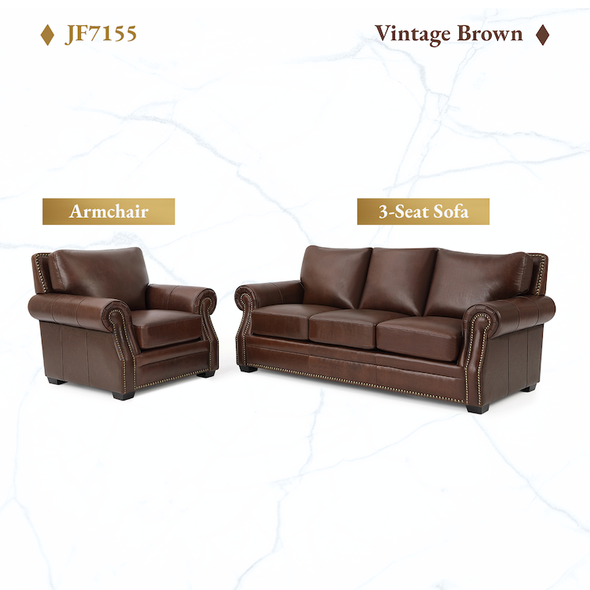 Vintage Brown 2-Piece Top-Grain Leather Living Room Set with 3-Seat Sofa
