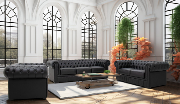 Black Sofa Leather Sofa with Accent Chairs Ottomans and Supportive Cushioning