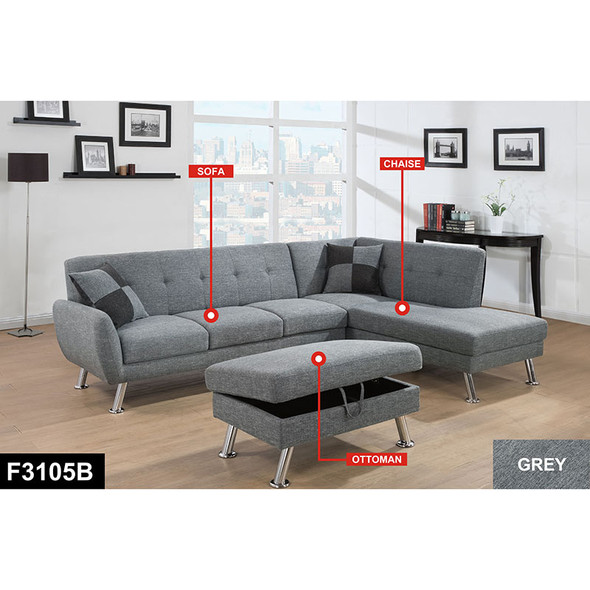 Gray 3-Piece Linen Sectional Sofa with Right-Facing Chaise and Storage Ottoman