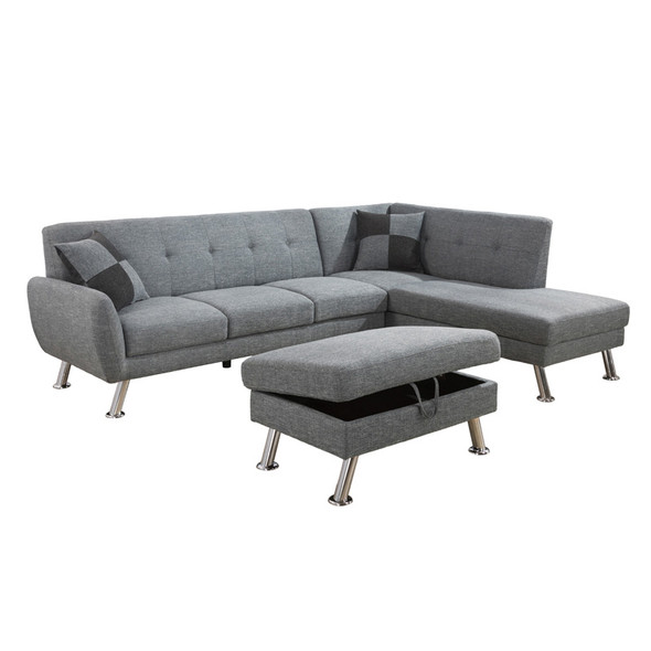 Gray 3-Piece Linen Sectional Sofa with Right-Facing Chaise and Storage Ottoman