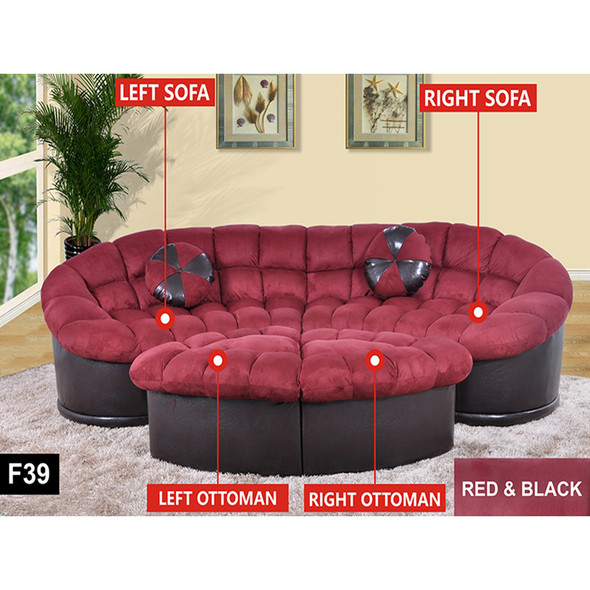 Red and Black 4-Piece Flannel and Semi-PU Leather Curved Sectional with Sections