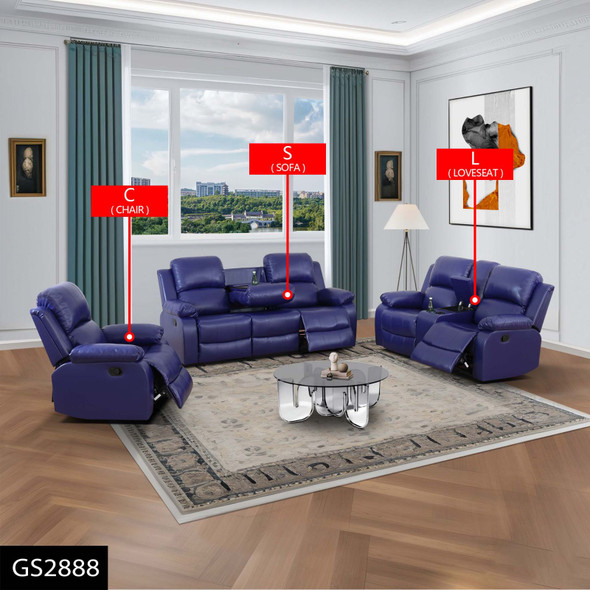 Dark Blue 3-Piece Semi-PU Reclining Living Room Set with Cup Holder Consoles