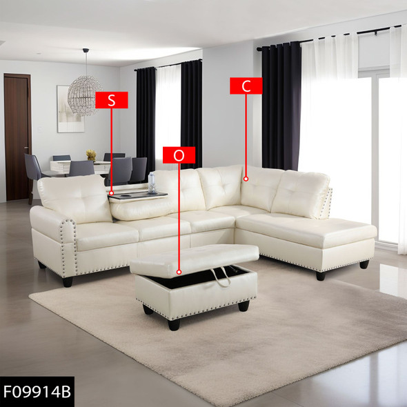 White 3-Piece Faux Leather Sectional Sofa with Right-Facing Chaise Storage