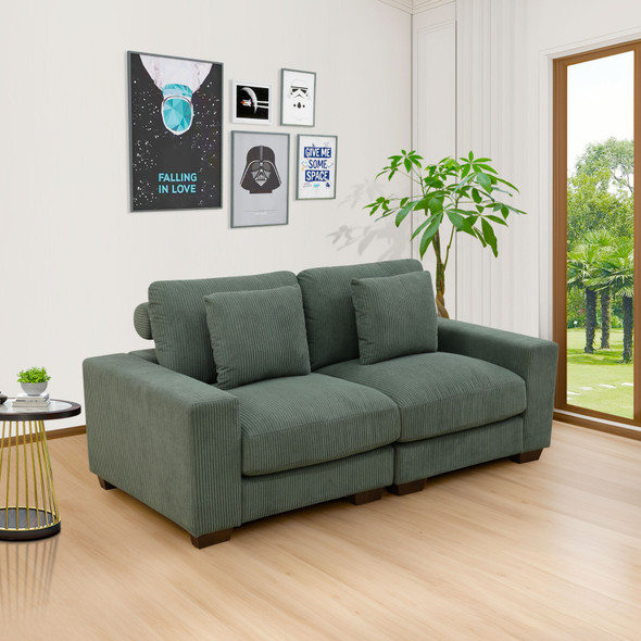 Green 2-Piece Corduroy Modular Loveseat with Double Track Arms and Two Seat Sofa
