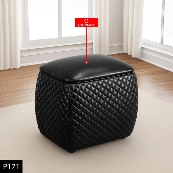 Black Cat-Scratch Leather Square Low Ottoman with Diamond Quilting and Your Feet