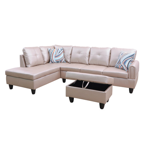 Latte 3-Piece Faux Leather Sectional Sofa with Left-Facing Chaise and Lift-Top
