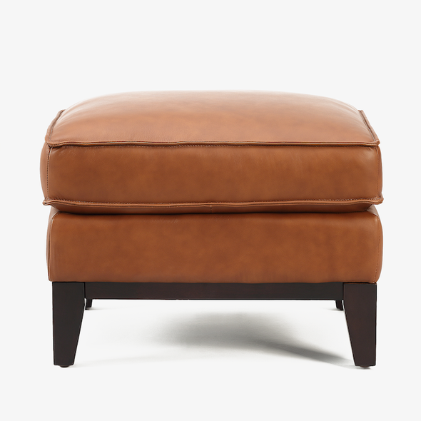 Camel Brown Top-Grain Leather Square Ottoman with Padded Cushion and Tapered