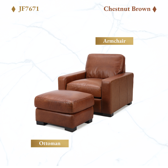 Chestnut Brown Top-Grain Leather Armchair with Matching Ottoman and Track Arms