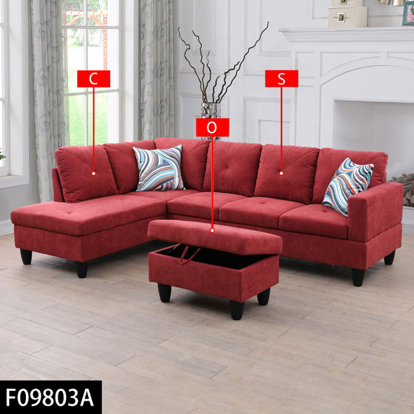 Red 3-Piece Flannelette Sectional Sofa with Left-Facing Chaise and Lift-Top