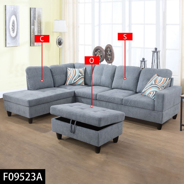Ash Gray 3-Piece Flannel Sectional Sofa with Left-Facing Chaise and Lift-Top