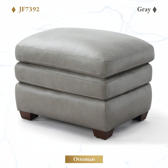 Gray Top-Grain Leather Square Ottoman with Layered Cushion and Block Feet