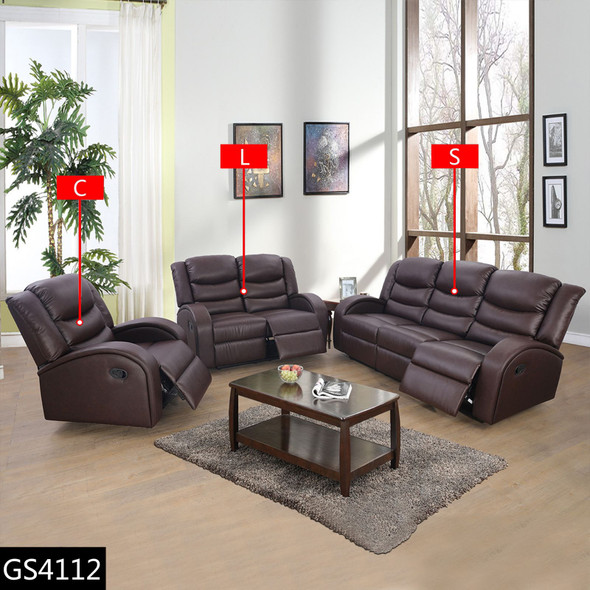 Brown Faux Synthetic Leather Sofa with Accent Chairs Ottomans and Padded Back