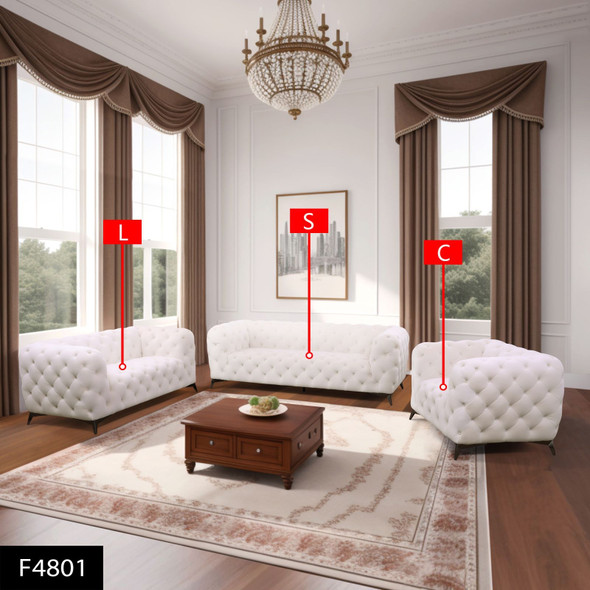 White 3-Piece Flannel Chesterfield Living Room Set with Sofa Loveseat and Arms