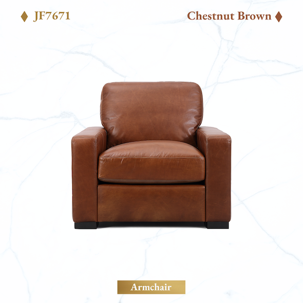 Chestnut Brown Top-Grain Leather Armchair with Track Arms and Block Feet