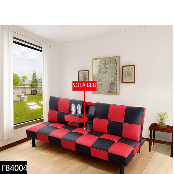 Black and Red Faux Leather Convertible Sleeper Sofa with Adjustable Construction