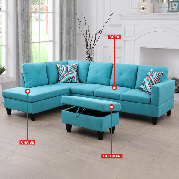 Light Blue 3-Piece Linen Sectional Sofa with Left-Facing Chaise and Lift-Top