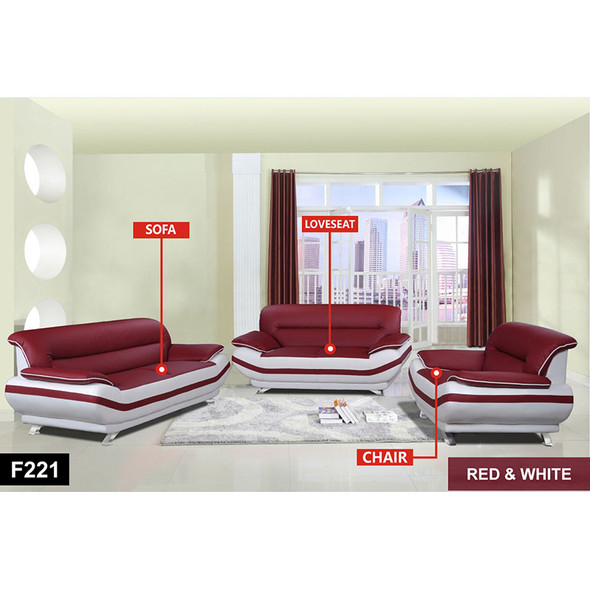 Red and White 3-Piece Bonded Leather Living Room Set with Sofa Loveseat