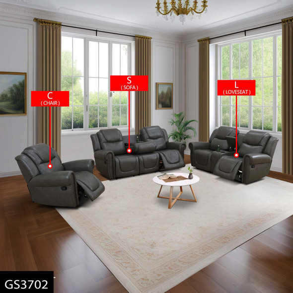 Gray 3-Piece Breathable Leather Reclining Living Room Set with Nailhead Trim