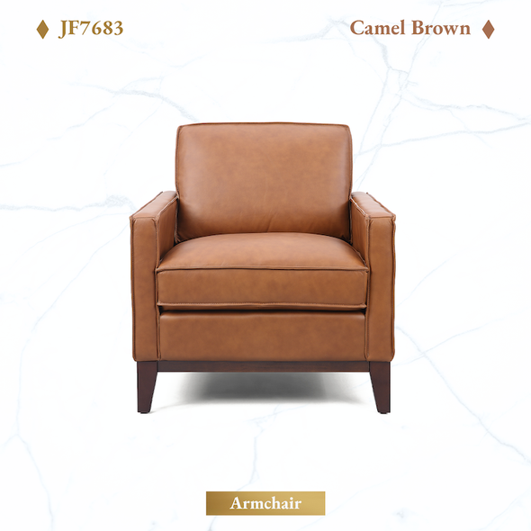 Camel Brown Top-Grain Leather Armchair with Track Arms and Tapered Wood Legs