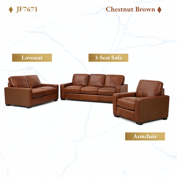 Chestnut Brown 3-Piece Top-Grain Leather Living Room Set with Sofa Loveseat