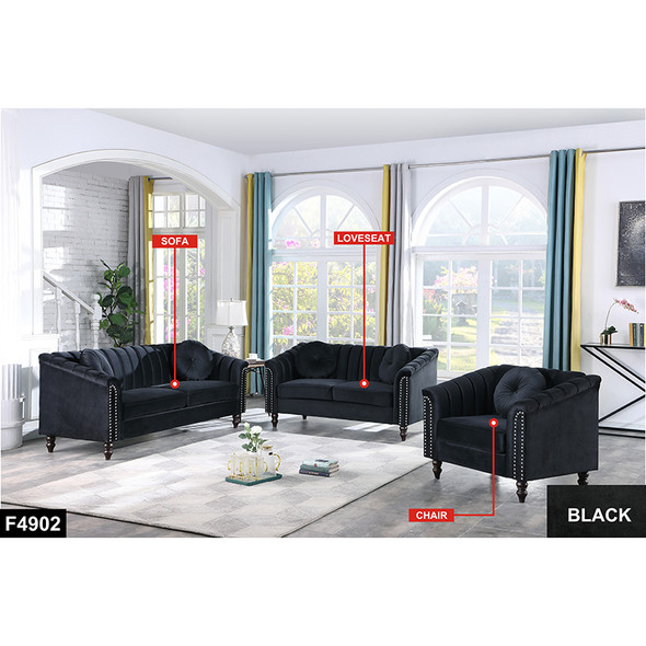 Black Microfiber Sofa with Accent Chairs Ottomans and Supportive Cushioning