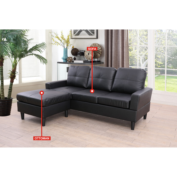 Black Faux Leather 2-Piece Living Room Set with Sofa and Loveseat and Cushioning