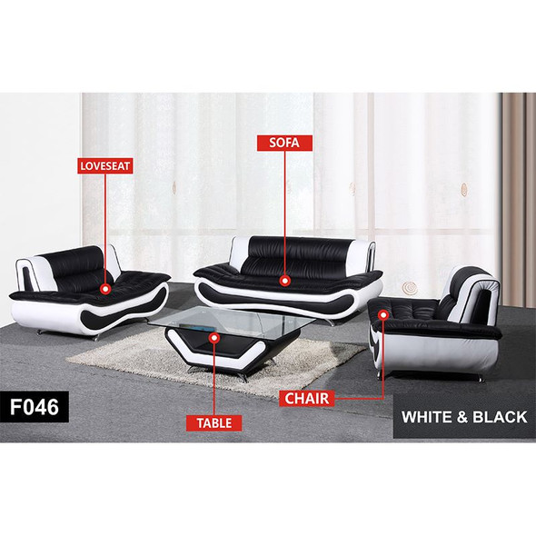 Black and White 3-Piece Recycled Leather Living Room Set with Sofa Loveseat