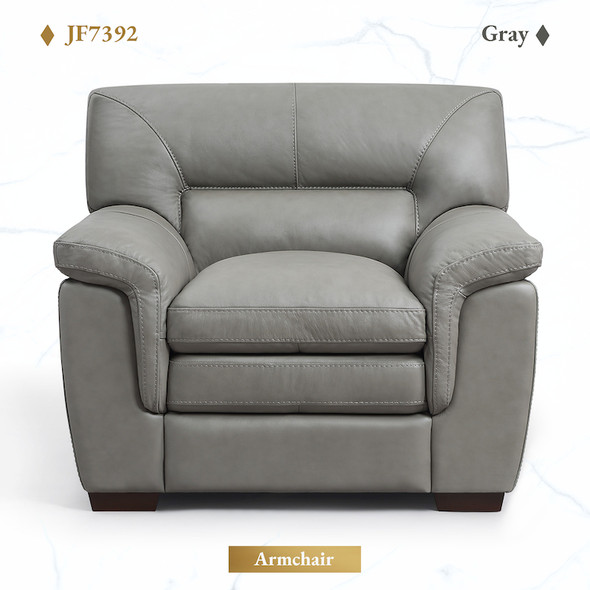 Gray Top-Grain Leather Armchair with Pillow-Top Arms Contrast Stitching