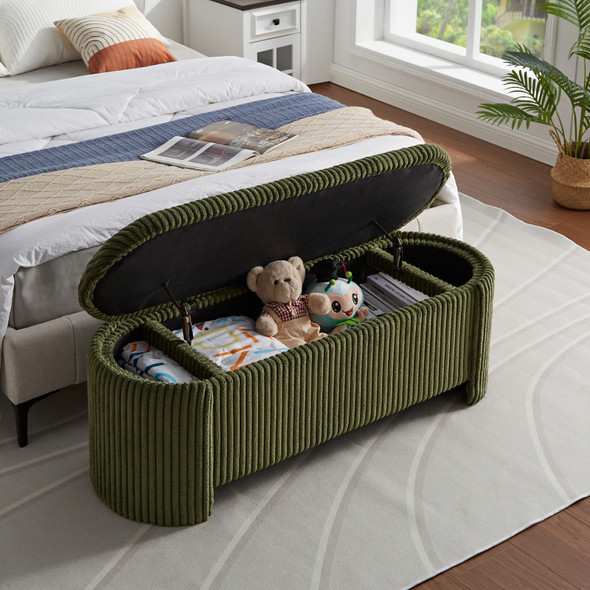50-Inch Off-Green Corduroy Oval Storage Bench with Cushioned Seat and Padded Top
