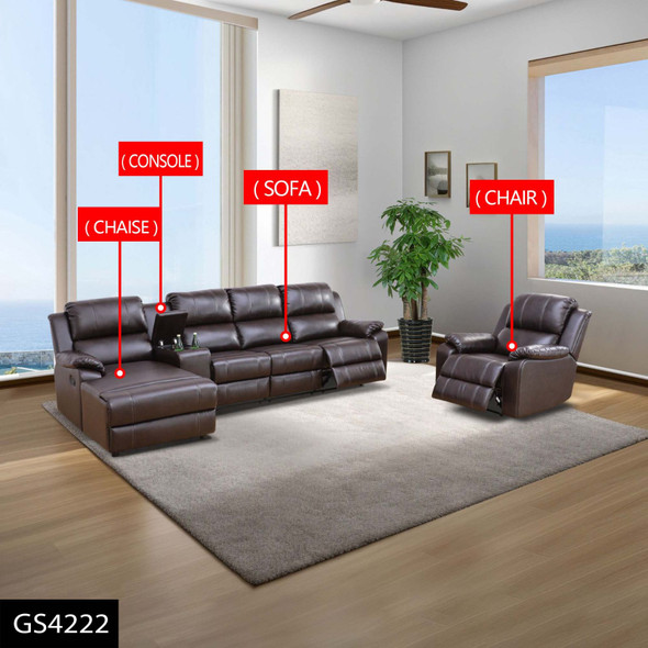 Brown 4-Piece Breathable Leather Reclining Sofa Set with Chaise Console