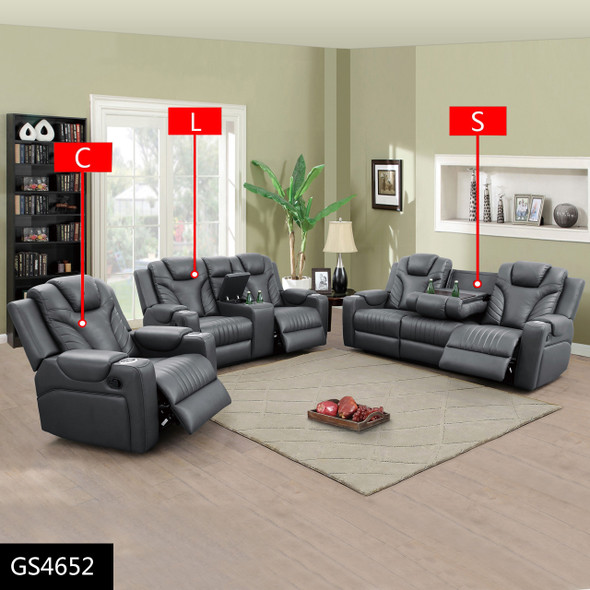 Dark Gray Breathable Leather Sofa with Accent Chairs Ottomans and Padded Back