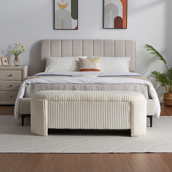 50-Inch Corduroy Oval Storage Bench with Cushioned Seat and Concealed Storage
