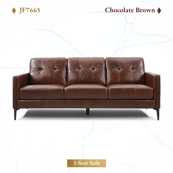 Chocolate Brown Top-Grain Leather 3-Seat Sofa with Tufted Back Cushions