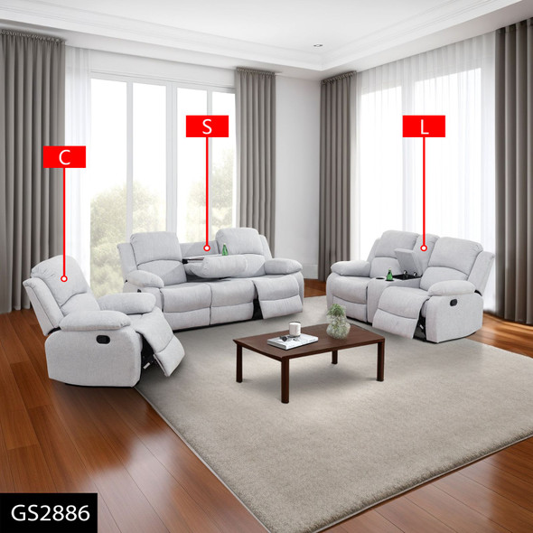 Gray White 3-Piece Linen Reclining Living Room Set with Cup Holder Consoles